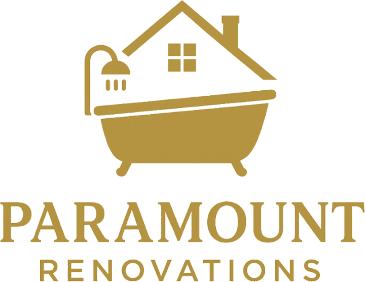 Logo for Paramount Renovations featuring a house shape integrated with a bathtub and showerhead above the company name in gold text.